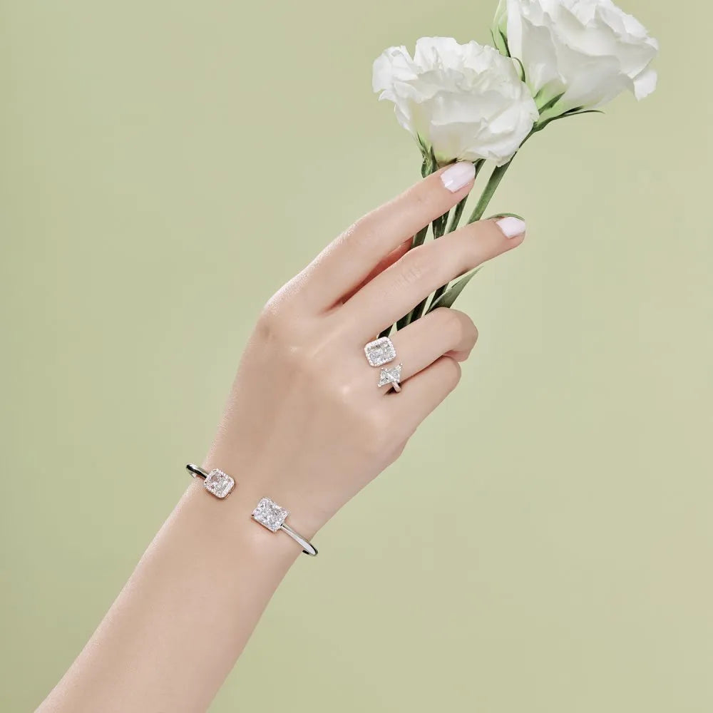 925 sterling silver opening bracelet with quadrilateral element, Korean style, 16cm size