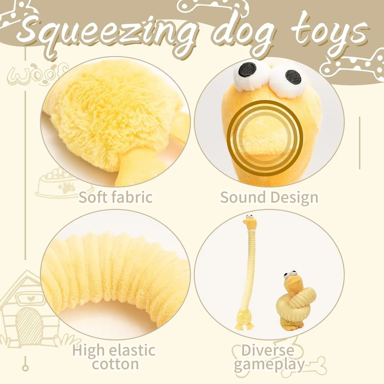 Brown grey yellow squeaky dog toys with plush stuffing and crinkle sound