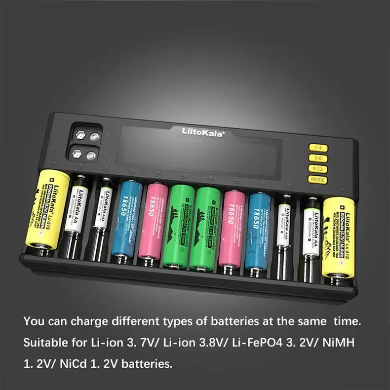 LiitoKala Lii-S12 12-slot black battery charger with LCD screens, holding various rechargeable batteries