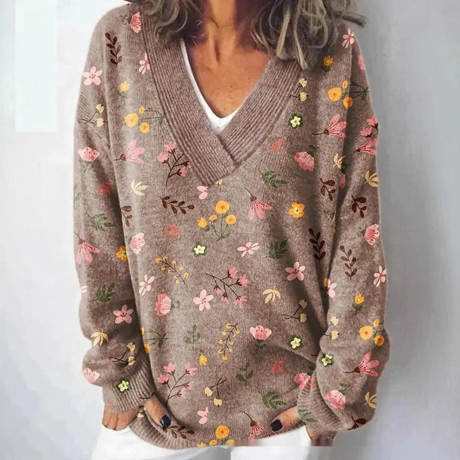 Women's V-neck floral print sweatshirt with 3D effect and long sleeves in an art retro style.