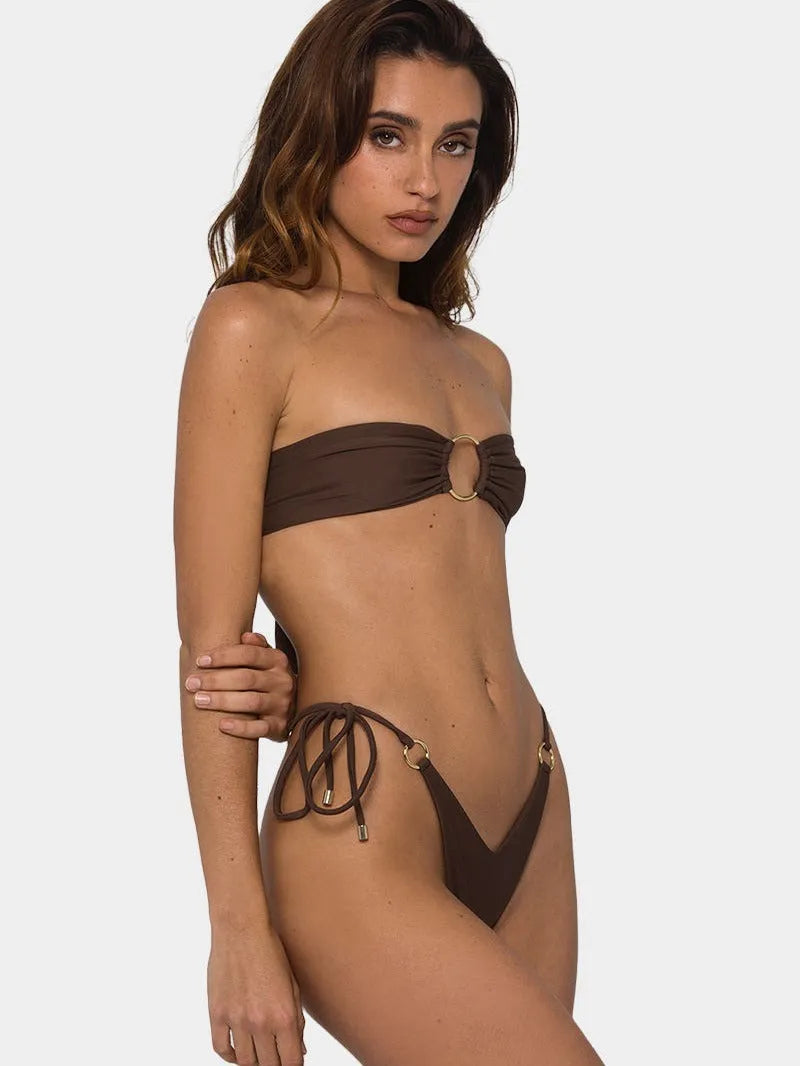 Brown women's tube-top bikini with adjustable ring straps and a split skirt for swimming.