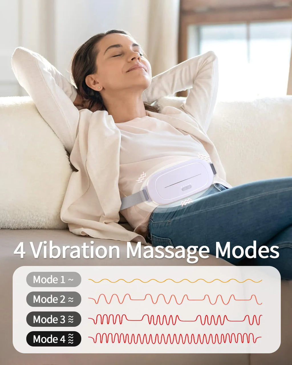 Handheld white silicone uterine warming device for menstrual pain relief with a single control button.