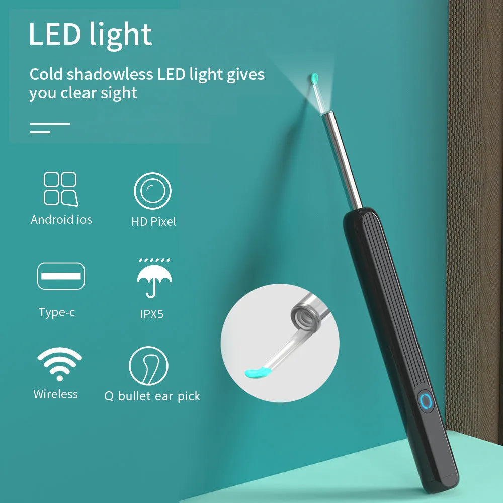 NE3 wireless otoscope ear cleaner with camera, LED light, and smartphone display showing ear canal view