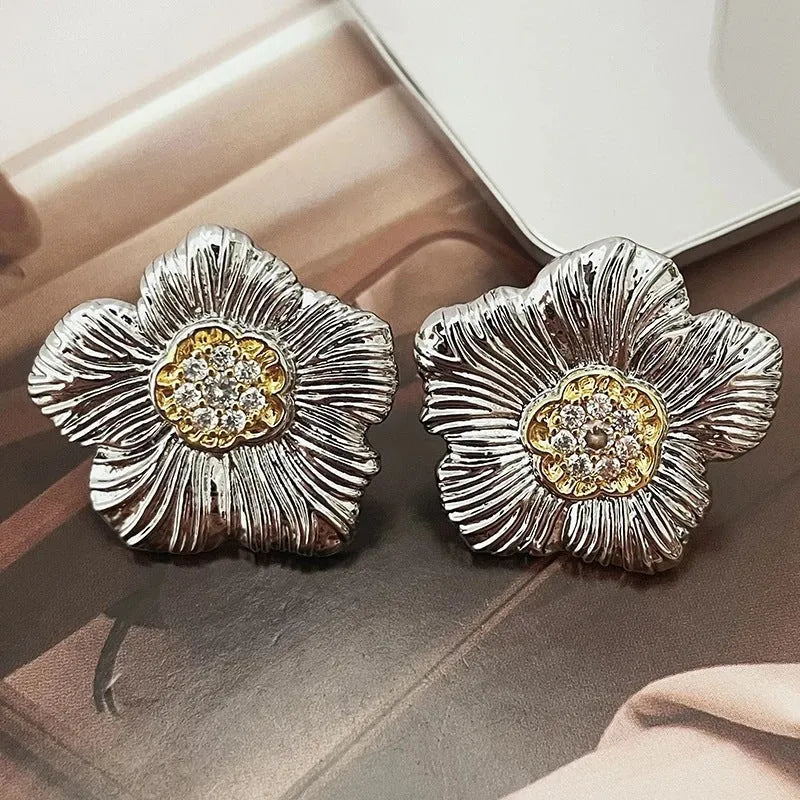 Textured gardenia stud earrings in E3002 two-tone colour with copper construction