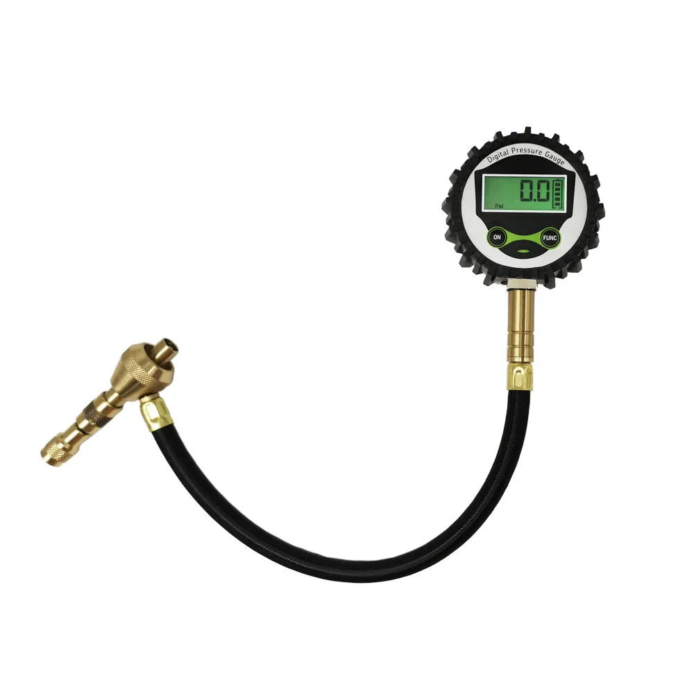 Red and black mechanical automobile tyre pressure gauge with a rubber shell and deflation button.