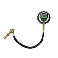 Red and black mechanical automobile tyre pressure gauge with a rubber shell and deflation button.