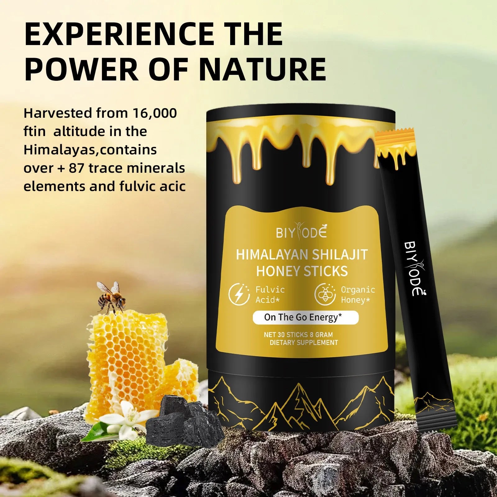 Bottle of 30 shilajit honey sticks with shilajit extract, honey, and saffron for energy and immune support