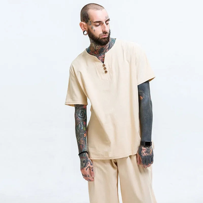 Loose cotton and linen T-shirt for men, short sleeve pullover in apricot colour, size M to 9X