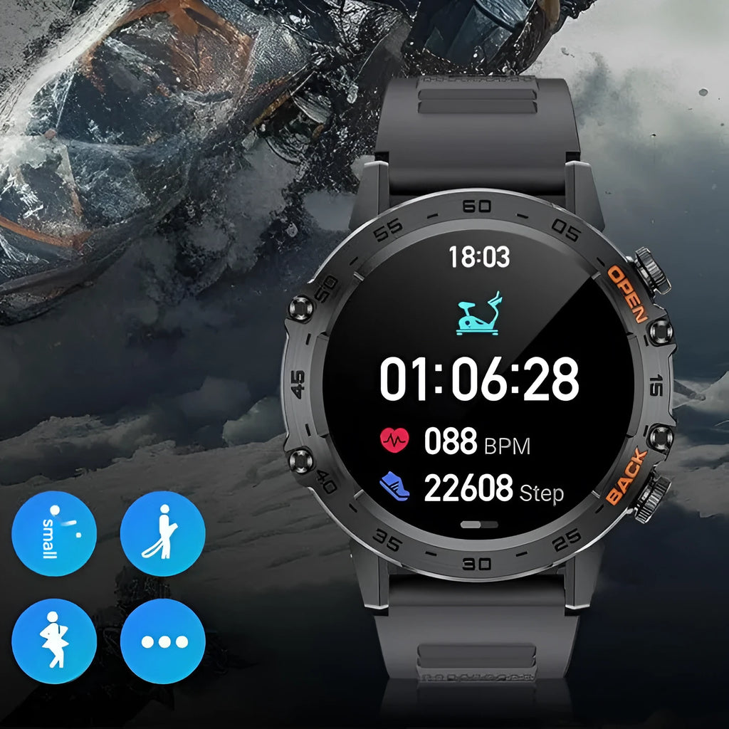 K52 Bluetooth smart watch with black strap, IPS screen, and health monitoring sensors on a table