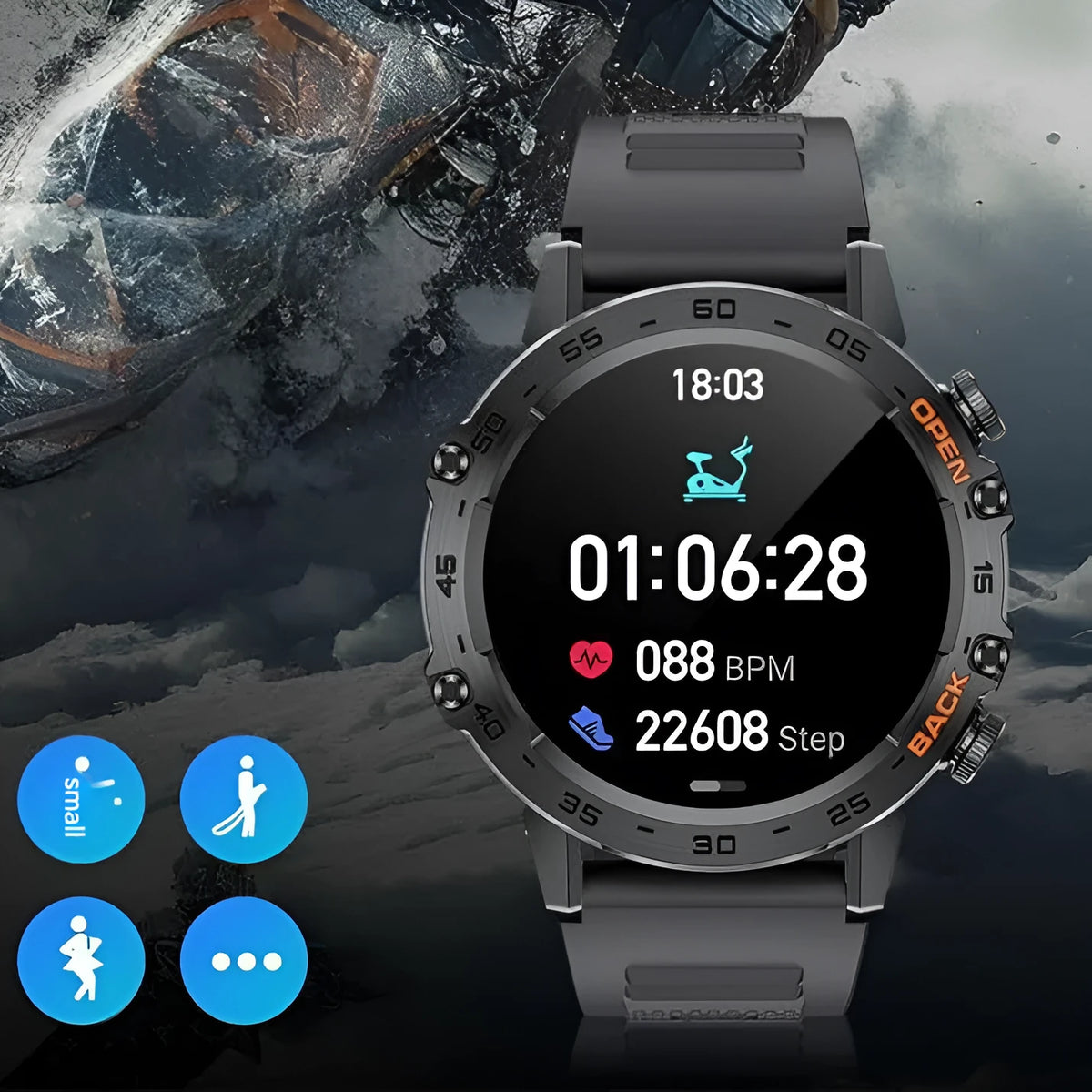 K52 Bluetooth smart watch with black strap, IPS screen, and health monitoring sensors on a table