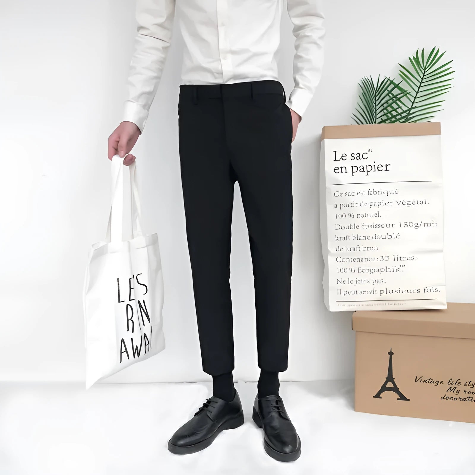 Men's straight-leg cotton trousers with drawstring waist in black, grey and khaki colours
