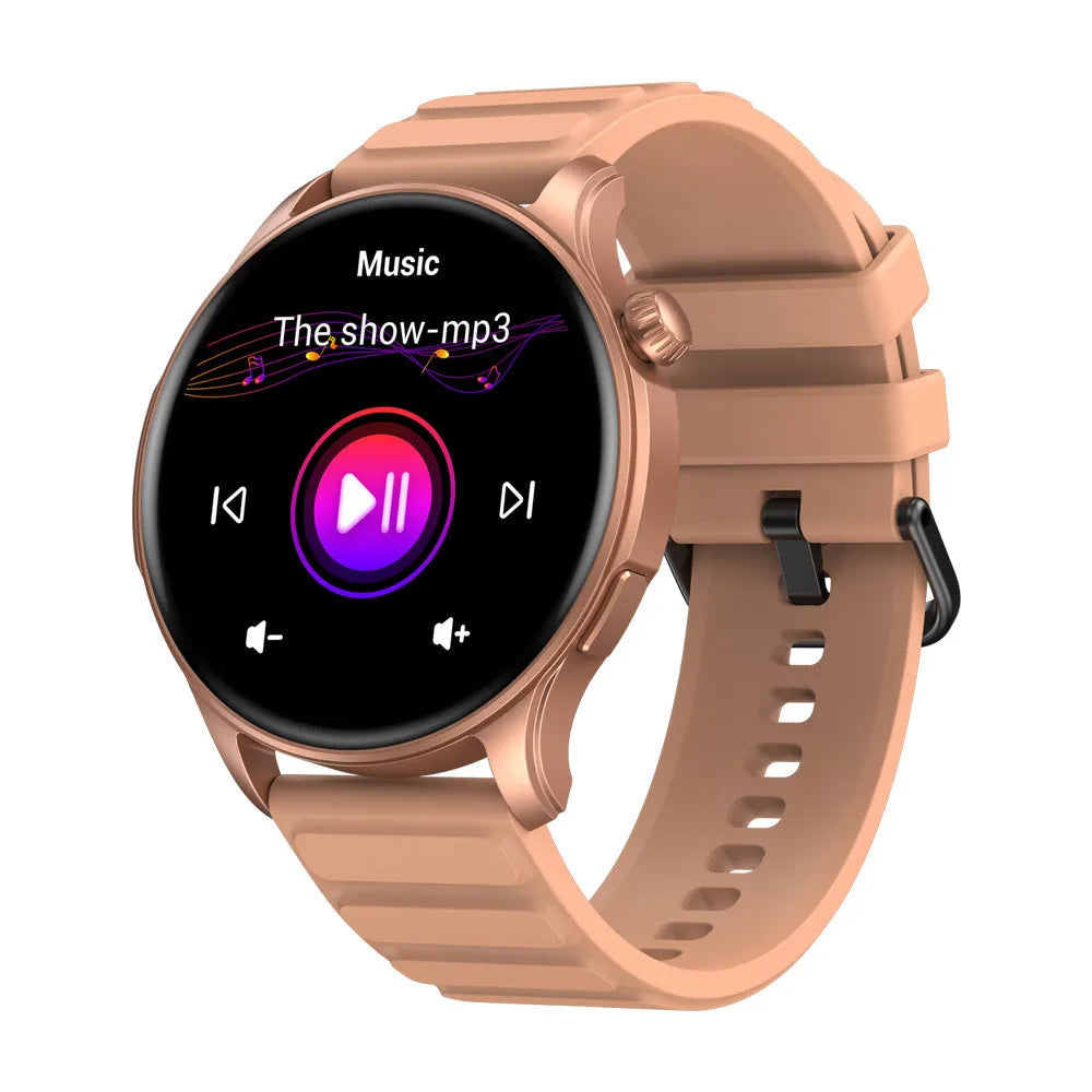 Btalk 3 Pro smart watch in blue on a wrist, showing its AMOLED display and health tracking features.