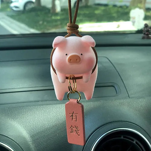 Small resin cartoon pig figurine car accessory for dashboard or mirror decoration