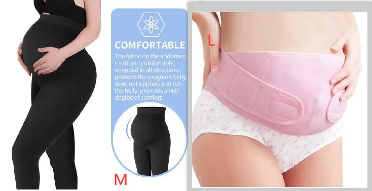 Black cotton high-waist maternity leggings for pregnancy, sizes S M L, on display