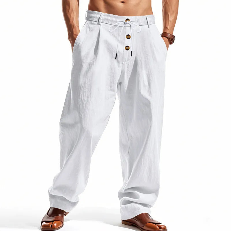 Men's breathable cotton linen loose leisure sports trousers in light khaki, high waist, straight leg
