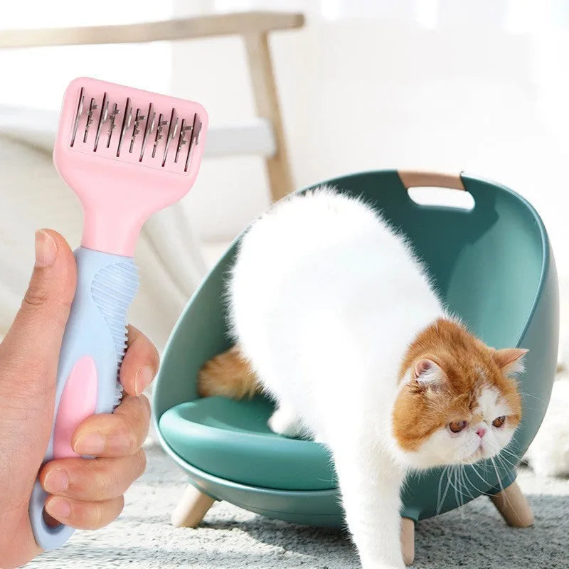 Pink stainless steel dog comb with knot knife blade and massage brush for pet grooming