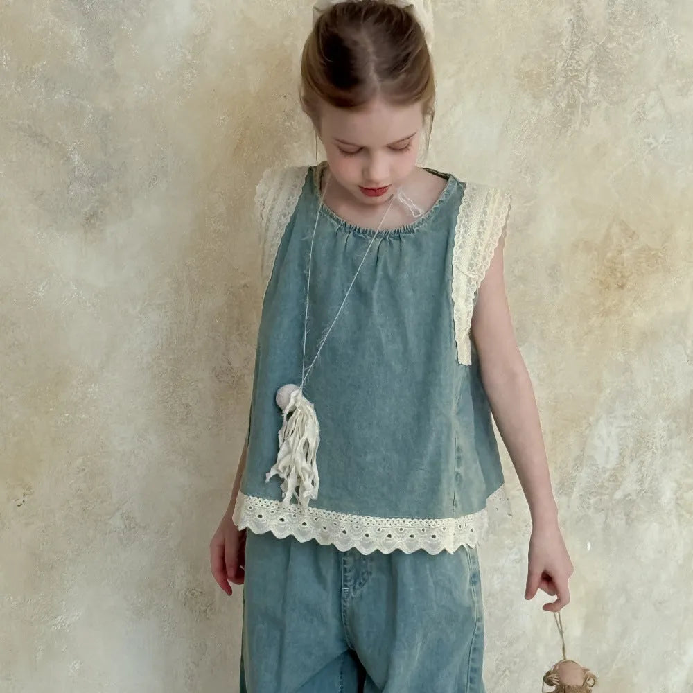 Girls' light blue cotton denim two-piece set with lace trim sleeveless vest and cropped wide-leg pants on child model