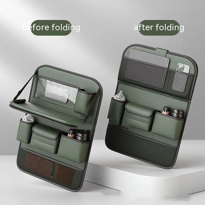 Car seat back storage bag with foldable dining table in waterproof leather construction
