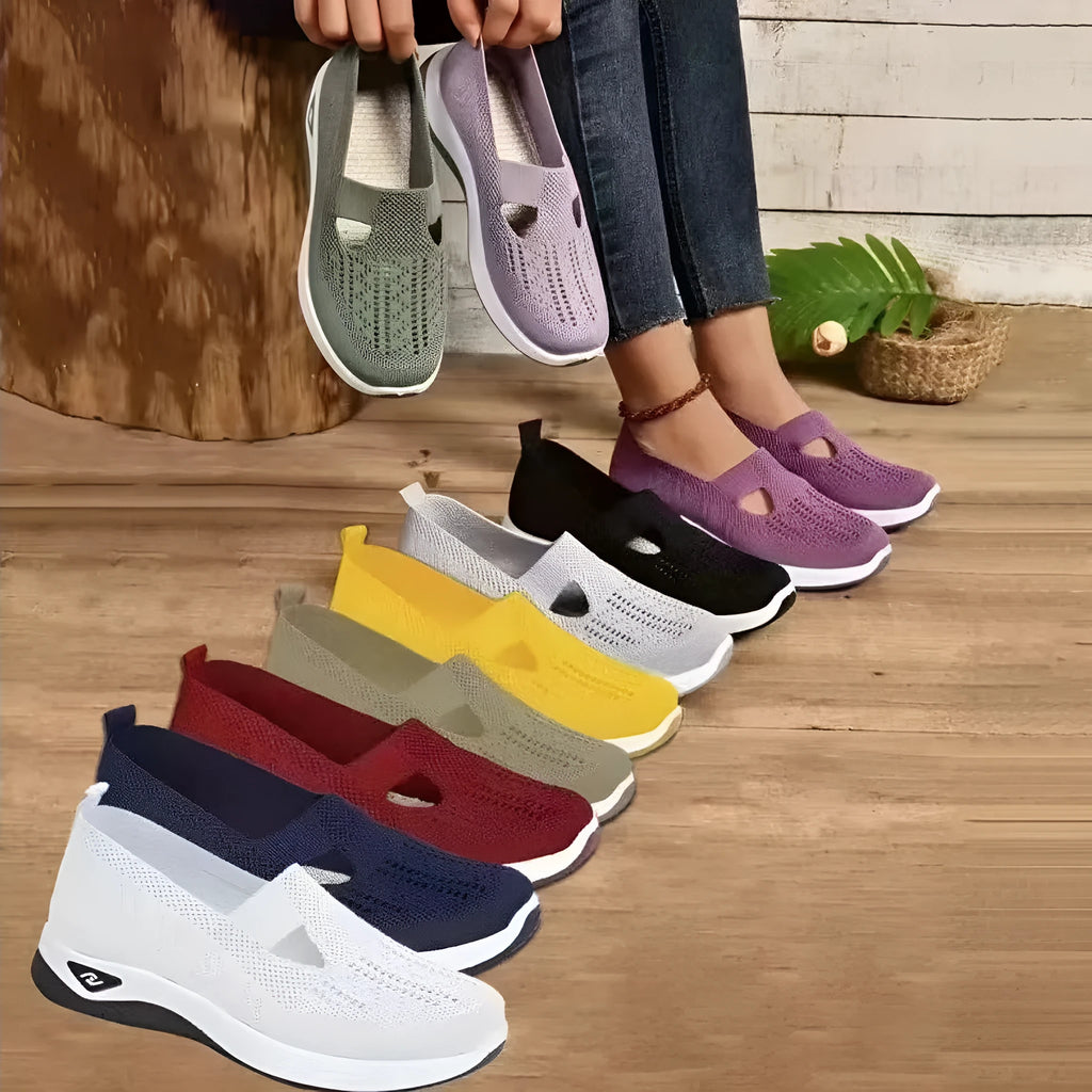 Women's casual mesh shoes with a T-strap and soft PVC sole in multiple colours.