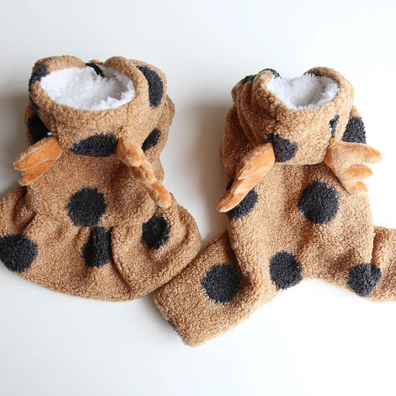 Polka dot pet clothing set showing skirt and four-leg options for cats and dogs