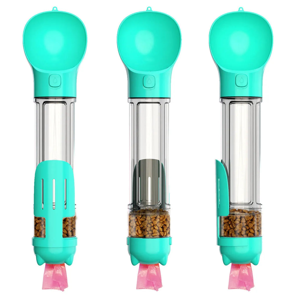 Portable 3 in 1 dog water bottle 500ml leak proof with treat holder and poop bag dispenser