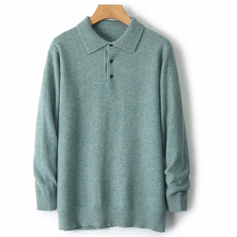 Men's polo collar wool sweater pullover in multiple colours on a size chart background.
