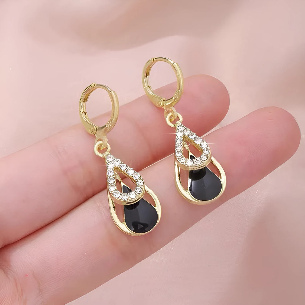 Black diamond-inlaid drop earrings with hollow double-layer alloy droplet design for women