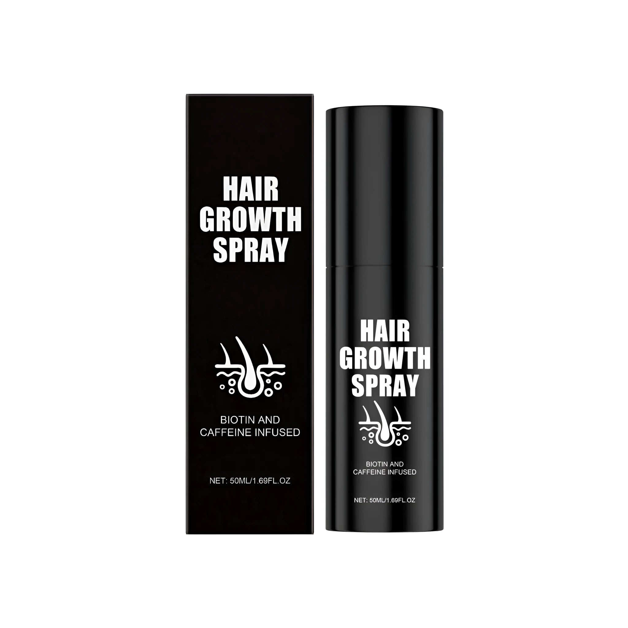 Hair care spray 50ml with biotin and caffeine in a clear bottle with black nozzle