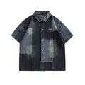 Blue men's loose-fit denim shirt with Japanese retro washed stitching, shown open in a cardigan style.