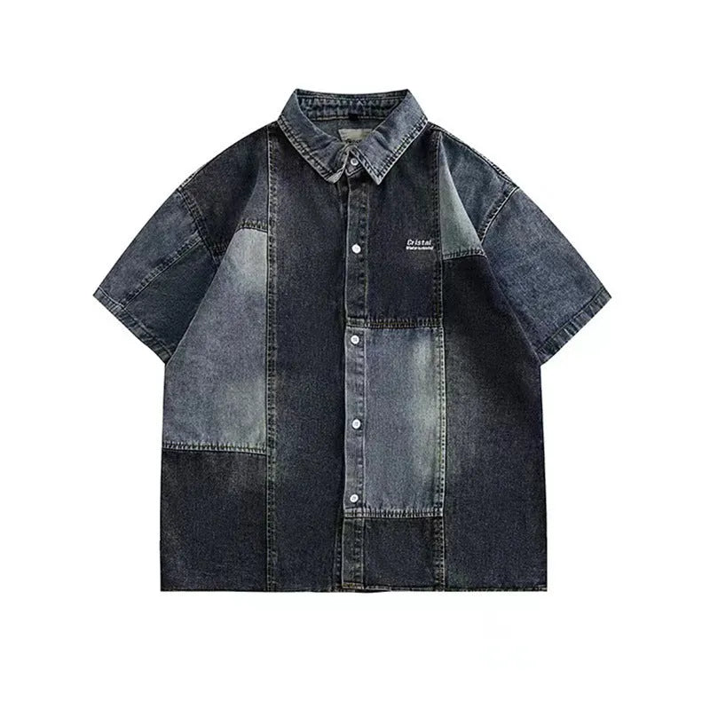 Blue men's loose-fit denim shirt with Japanese retro washed stitching, shown open in a cardigan style.