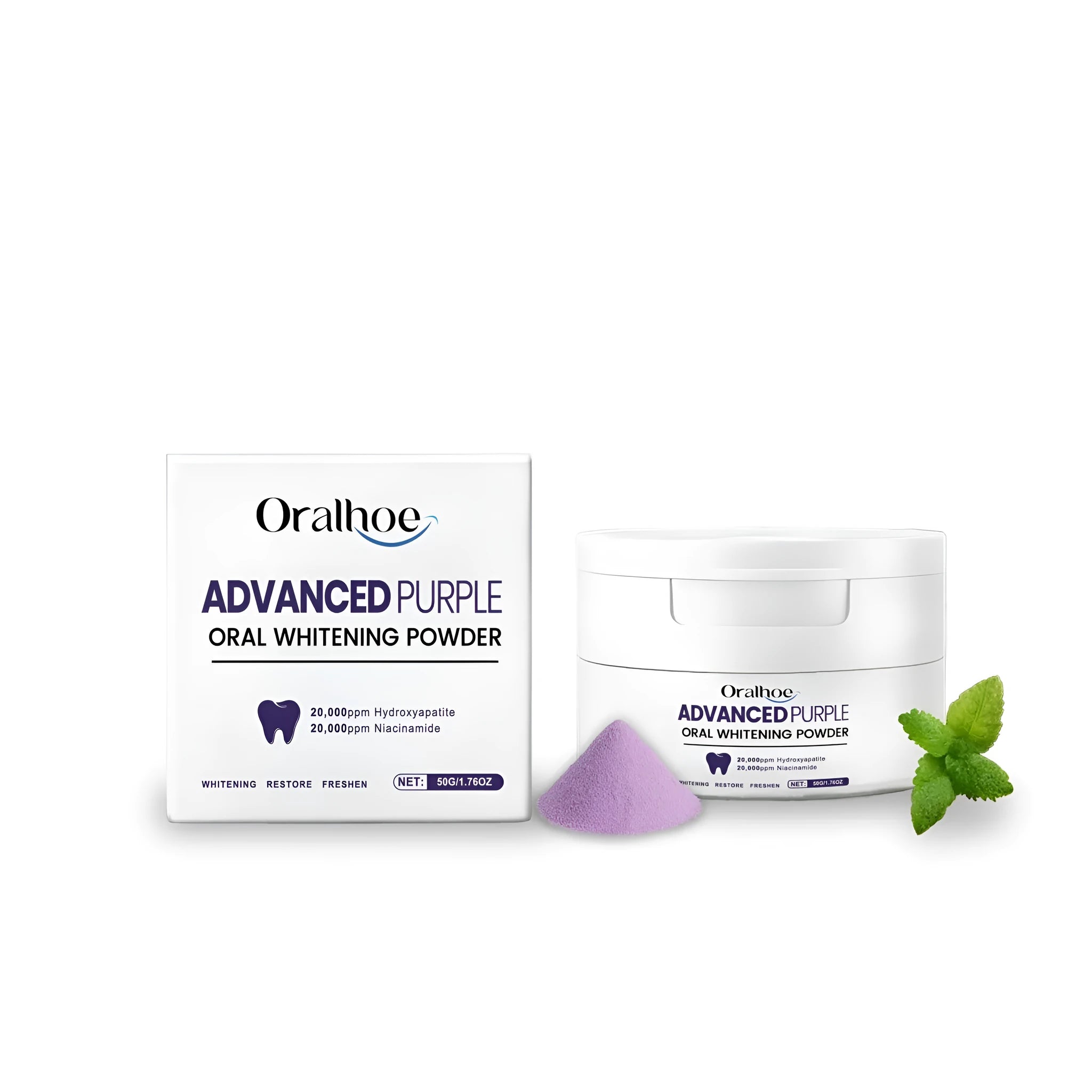 50g container of hydroxyapatite and sodium bicarbonate tooth powder with natural mint.
