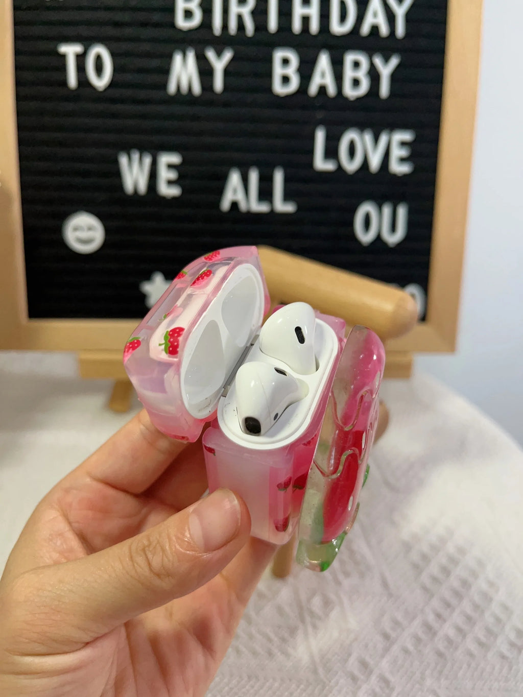 3D strawberry ice cream AirPods case for AirPods 1/2, 3rd Gen, Pro and Pro 2 with optional bracelet