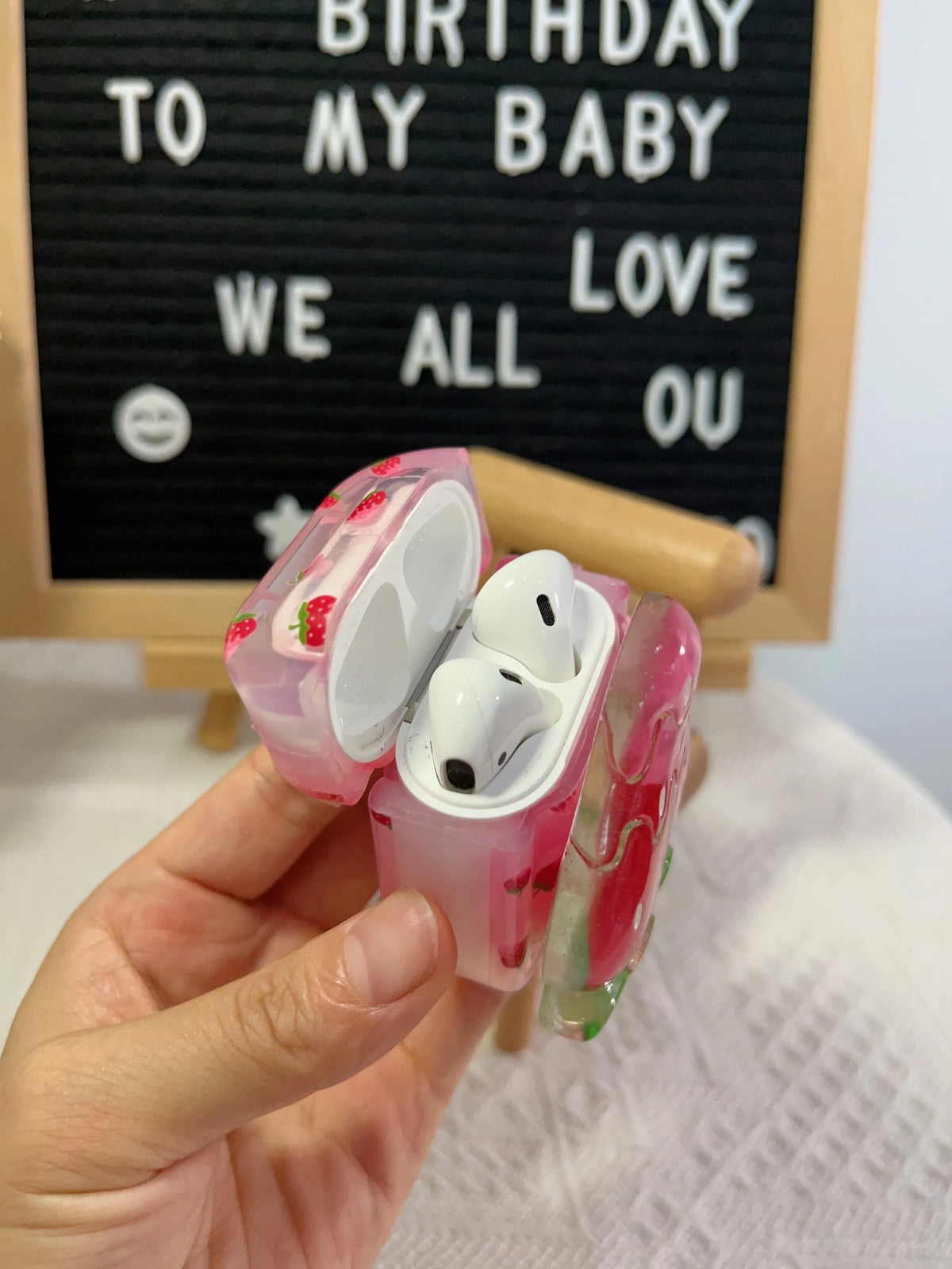 3D strawberry ice cream AirPods case for AirPods 1/2, 3rd Gen, Pro and Pro 2 with optional bracelet