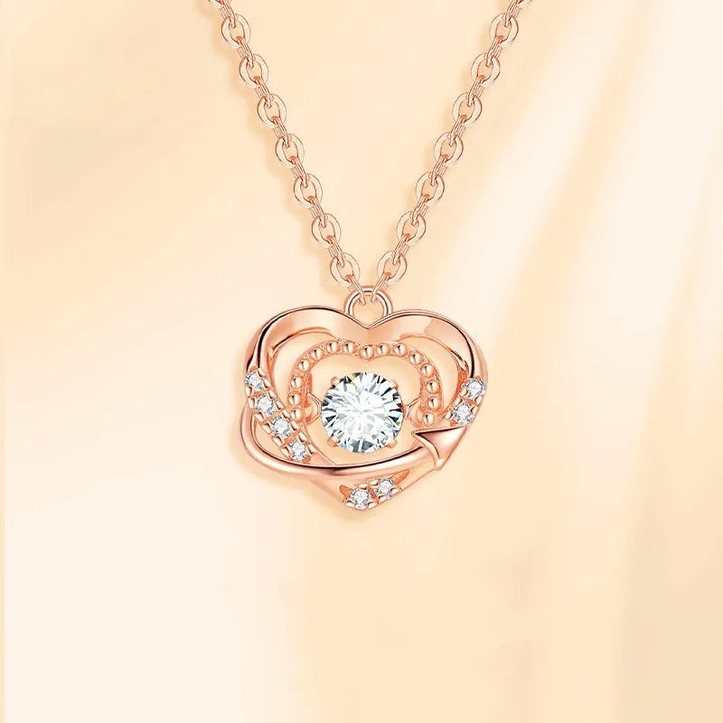 S925 sterling silver heart necklace with O chain, rose finish, on display