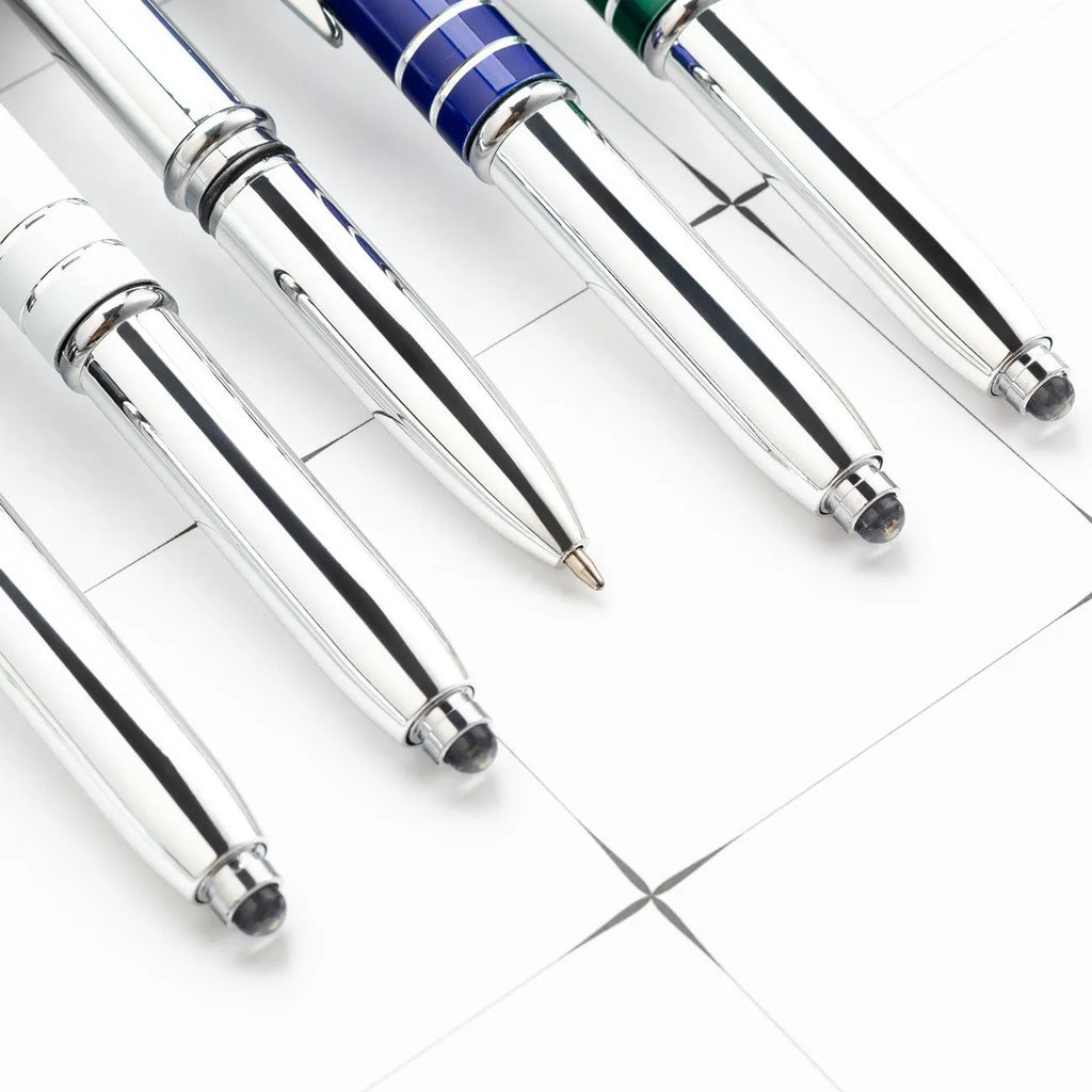 Metal ballpoint pen with capacitive stylus tip and LED light in five colour options