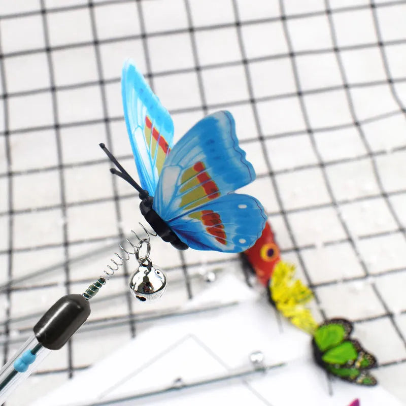 Retractable cat teasing stick with spring butterfly attachment in mixed hair colours, full length 30-50cm on a light background