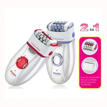 KEDA-216 coloured portable electric epilator with USB charger and cleaning brush on white background