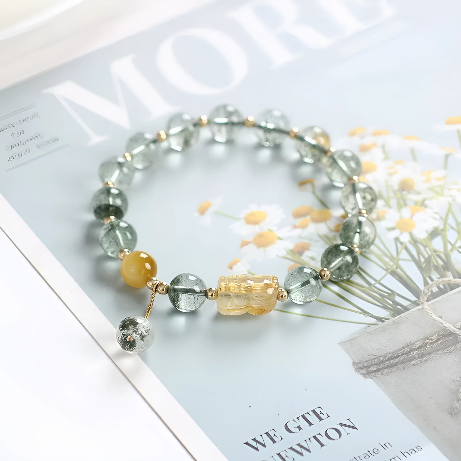 Green Phantom Quartz bracelet with gold rutile patterns in geometric 8mm beads