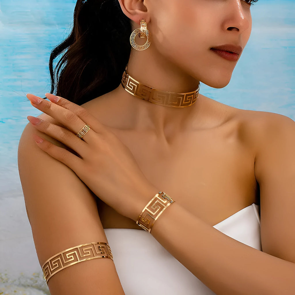 Women's geometric loop alloy electroplated collar earrings ring bracelet jewelry suit set