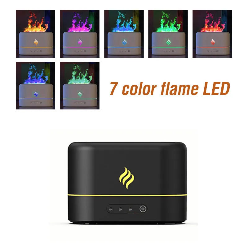 Black USB aroma diffuser with seven-colour flame LED effect and water mist.