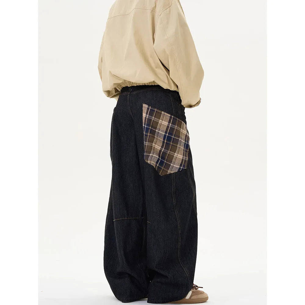 Cotton loose straight-leg plaid pants for spring and autumn casual wear