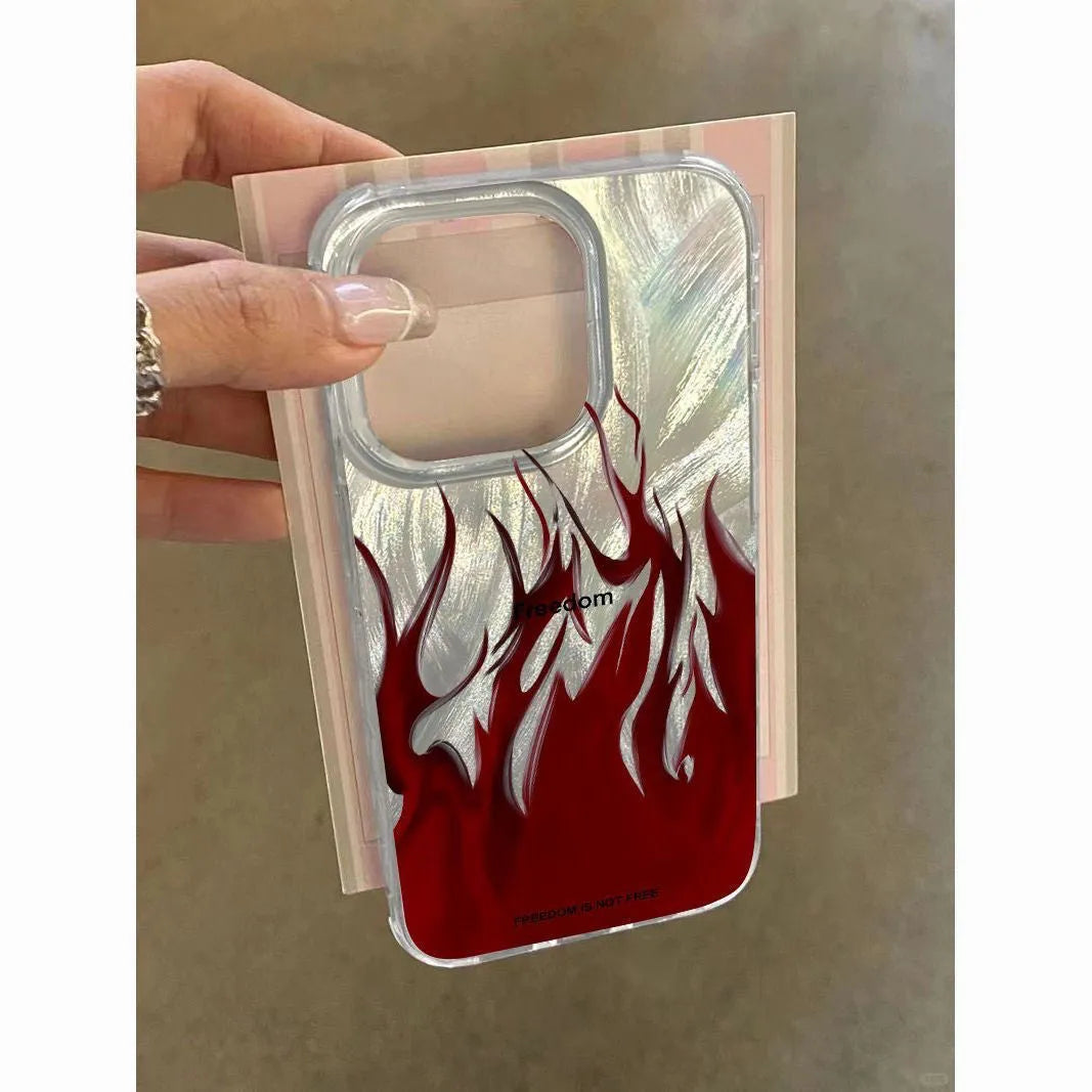 Colourful flame pattern silicone phone case for Apple iPhone, showing blue and red design variations.