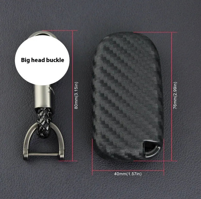 Black silicone car key case with carbon fibre pattern for Dodge, Chrysler, Fiat remote, shown with buckle option.