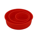 Red silicone round cake mould baking tray showing three sizes: 4 inch, 6 inch, and 8 inch diameters