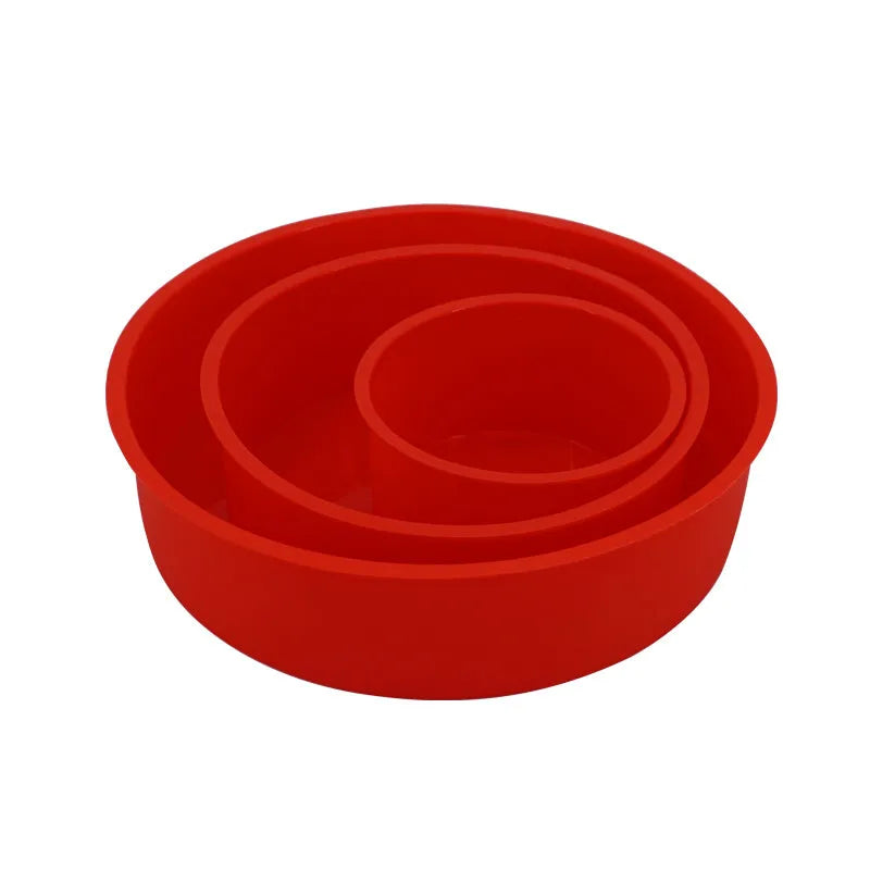 Red silicone round cake mould baking tray showing three sizes: 4 inch, 6 inch, and 8 inch diameters