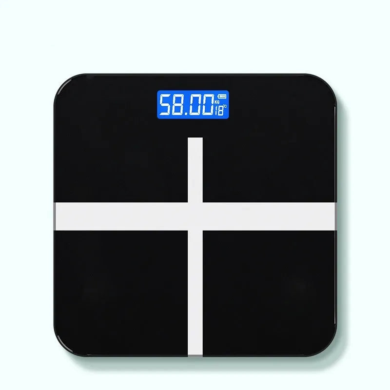 USB rechargeable electronic bathroom scale with cross pattern in black, rose red, or white colour options.