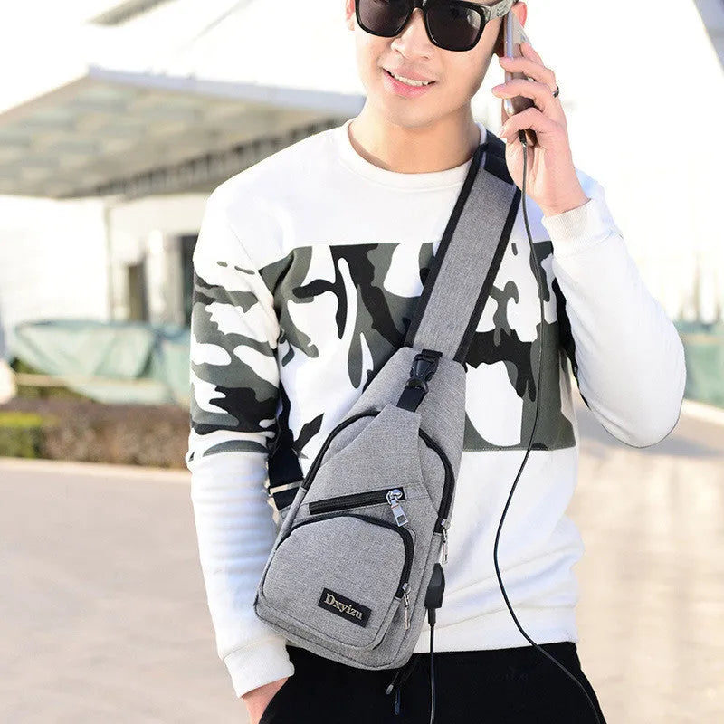 Men's Oxford cloth crossbody bag with zip, phone pocket, single strap, Black Blue Dark Grey