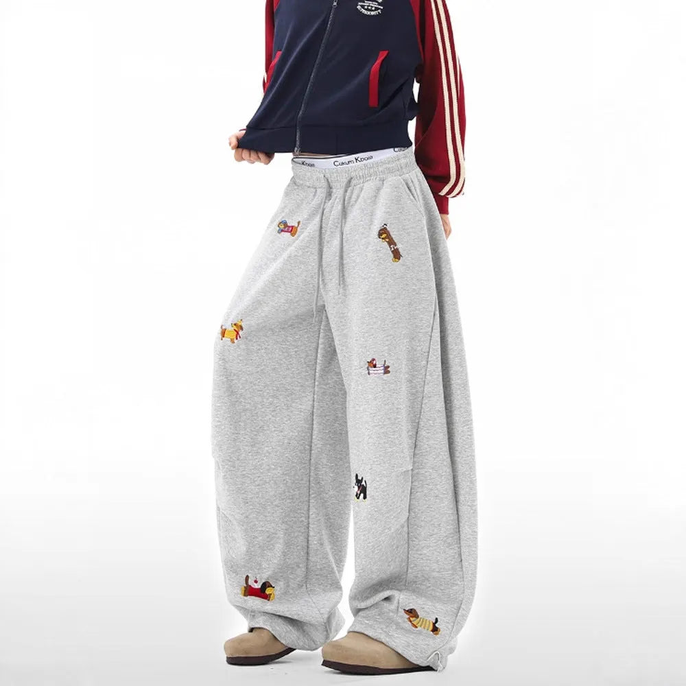 Lazy Sausage Dog embroidered machete sweatpants for men, loose fit, polyester, autumn, gray