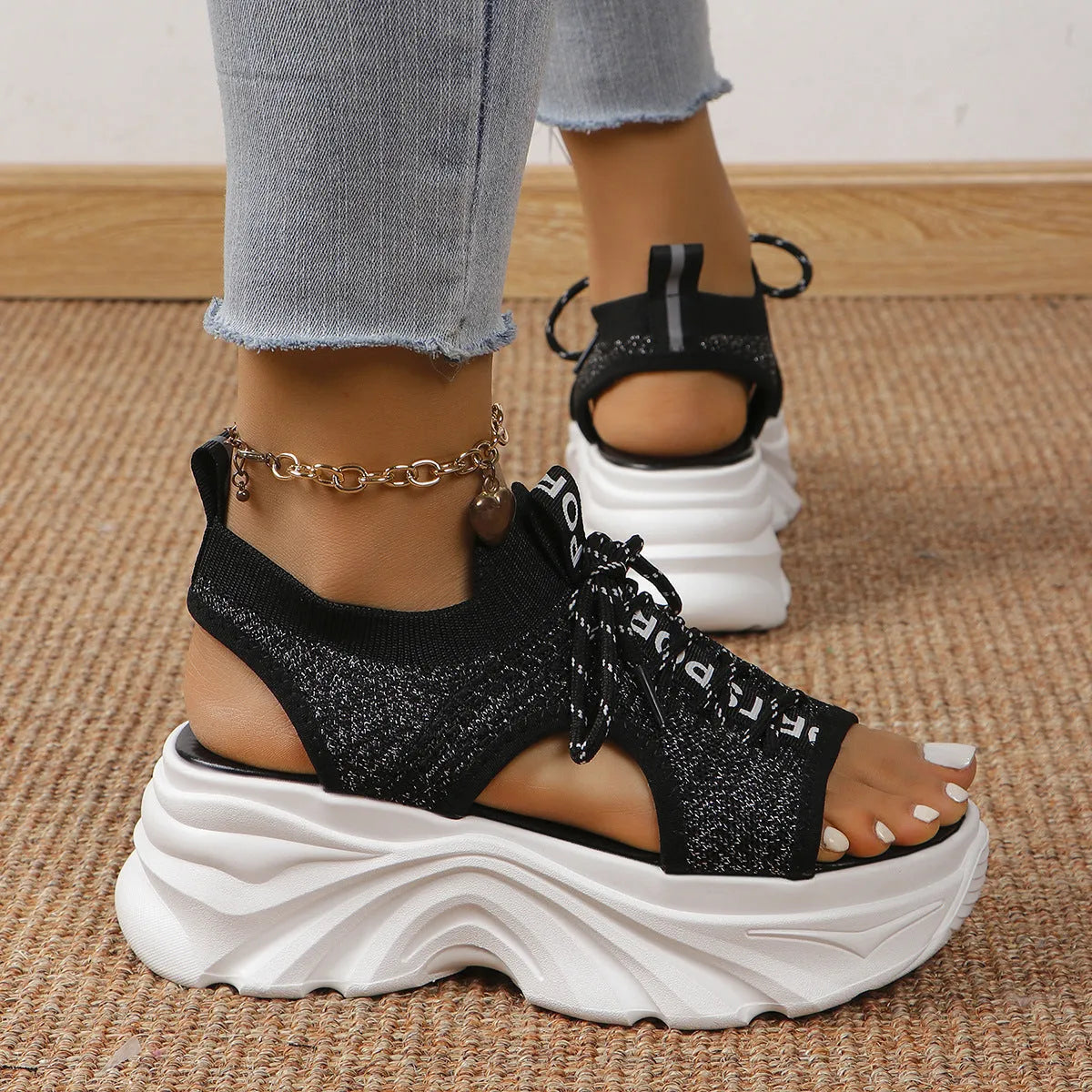 Women's hollowed-out mid heel mesh platform sandals in beige, front lace-up, round toe
