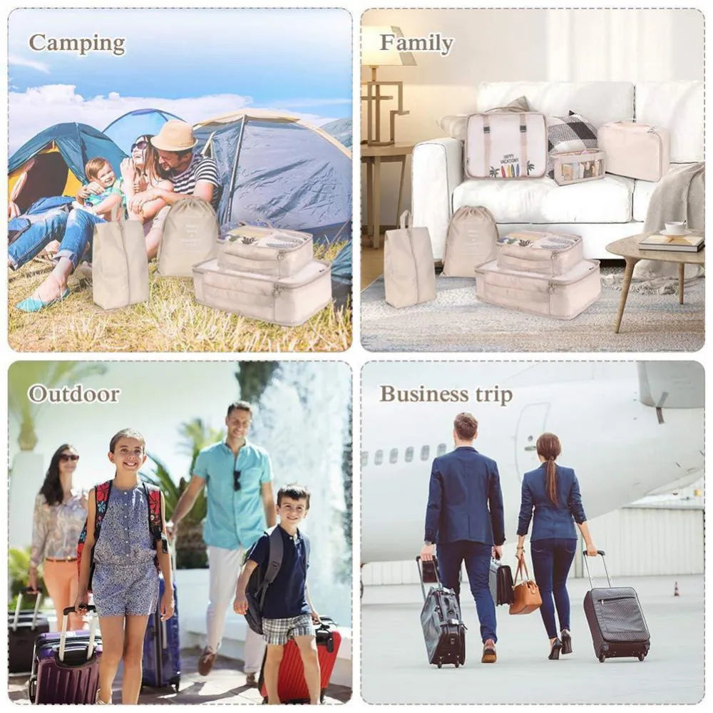 8-piece set of nylon packing cubes in assorted sizes for travel storage, featuring waterproof and dustproof material
